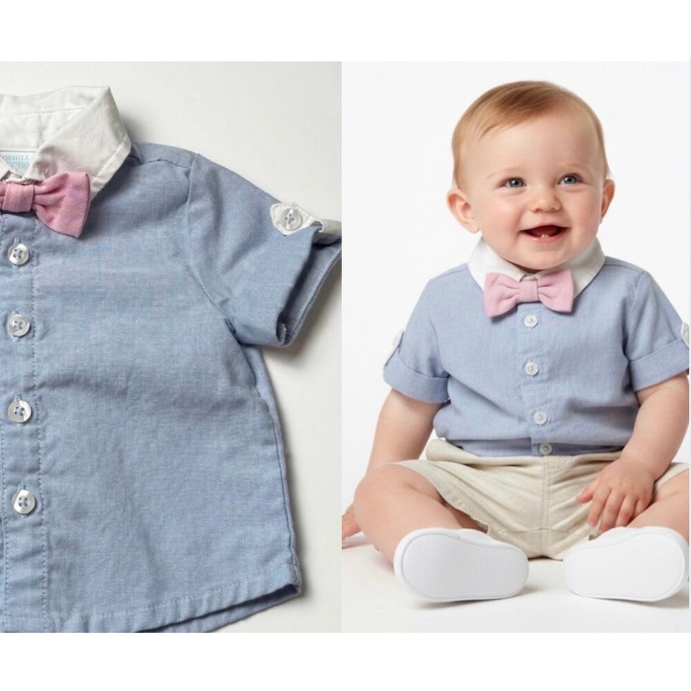 Edgehill Collection Baby Boy Blue Button Down Shirt with Pink Bow Tie 0-3 months